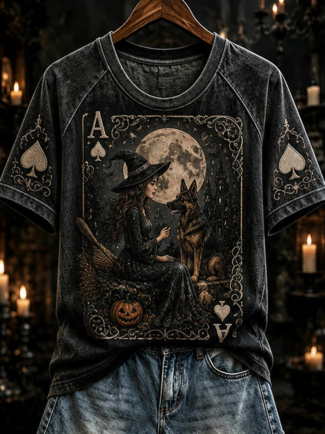 Women's Halloween Poker Elements Witch and Dog Pattern Design Casual Short Sleeve T-Shirt
