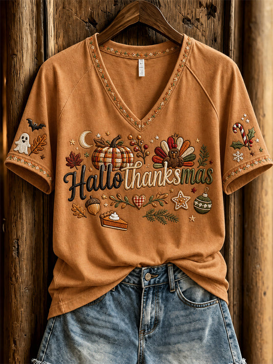 Women's Hallothanksmas Wonderful Holiday Season Print short-sleeved T-shirt