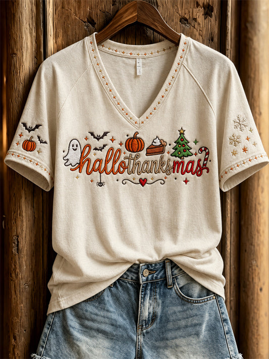 Women's Hallothanksmas Wonderful Holiday Season Print short-sleeved T-shirt