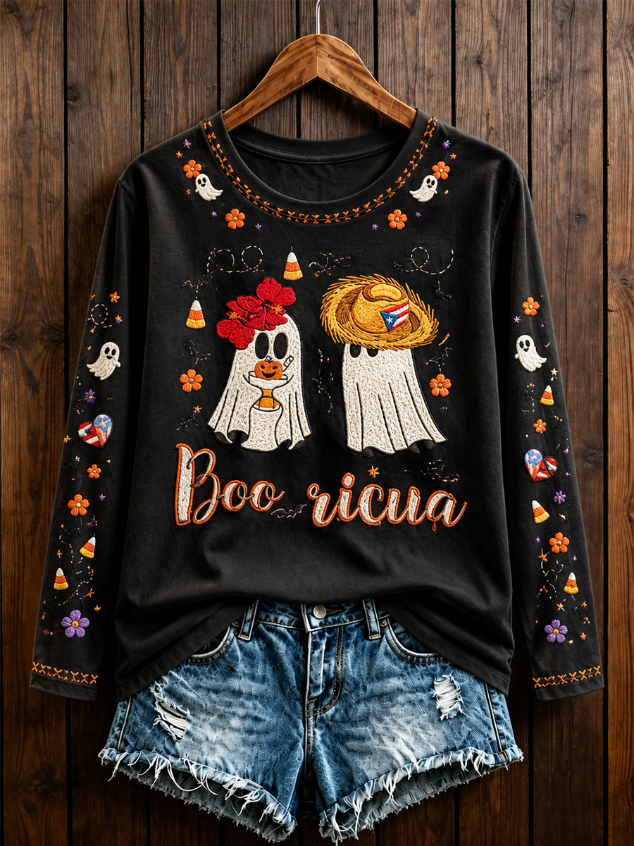 Women's Halloween in Puerto Rico BOORICUA Printed Round neck long sleeve T-shirt
