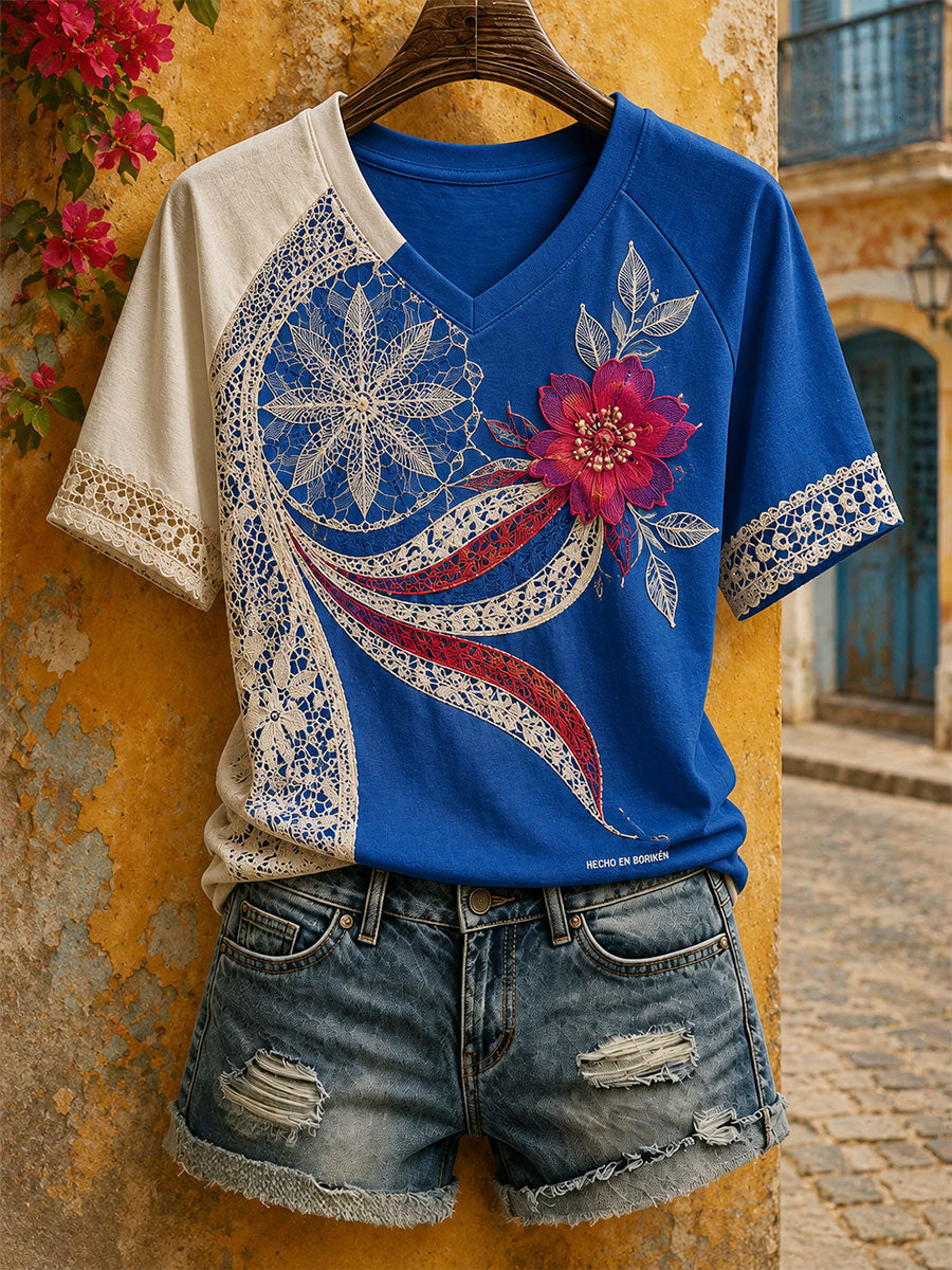 Women's Puerto Rico Floral Boricua Art Printed T-shirt