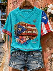 Women's Puerto Rico Floral Boricua Art Printed T-shirt