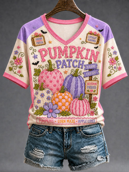 Women's Fall  Halloween Pumpkin Bat Short Sleeve T-shirt