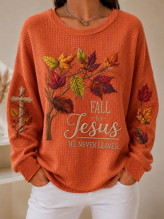 Women's Fall For Jesus He Never Leaves Print Waffle Sweatshirt