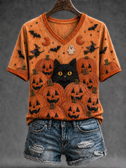 Women's Fall  Halloween Pumpkin Bat Black Cat Short Sleeve T-shirt