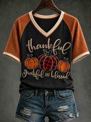 Women's Happy Thanksgiving Printed V-neck T-shirt