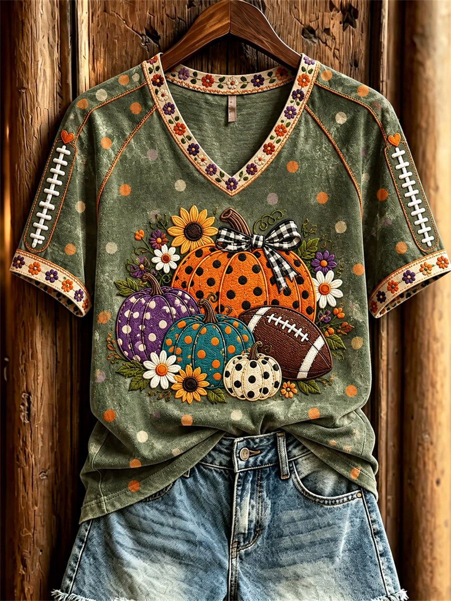 Women's Football & Halloween Pumpkins Floral Polka Dots Art Print short-sleeved T-shirt