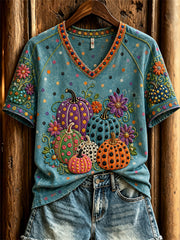 Women's Halloween Pumpkins Floral Polka Dots Art Print short-sleeved T-shirt