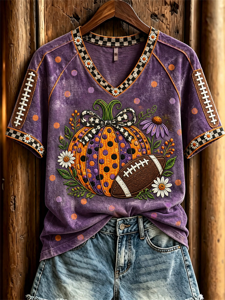 Women's Football & Halloween Pumpkins Floral Polka Dots Art Print short-sleeved T-shirt