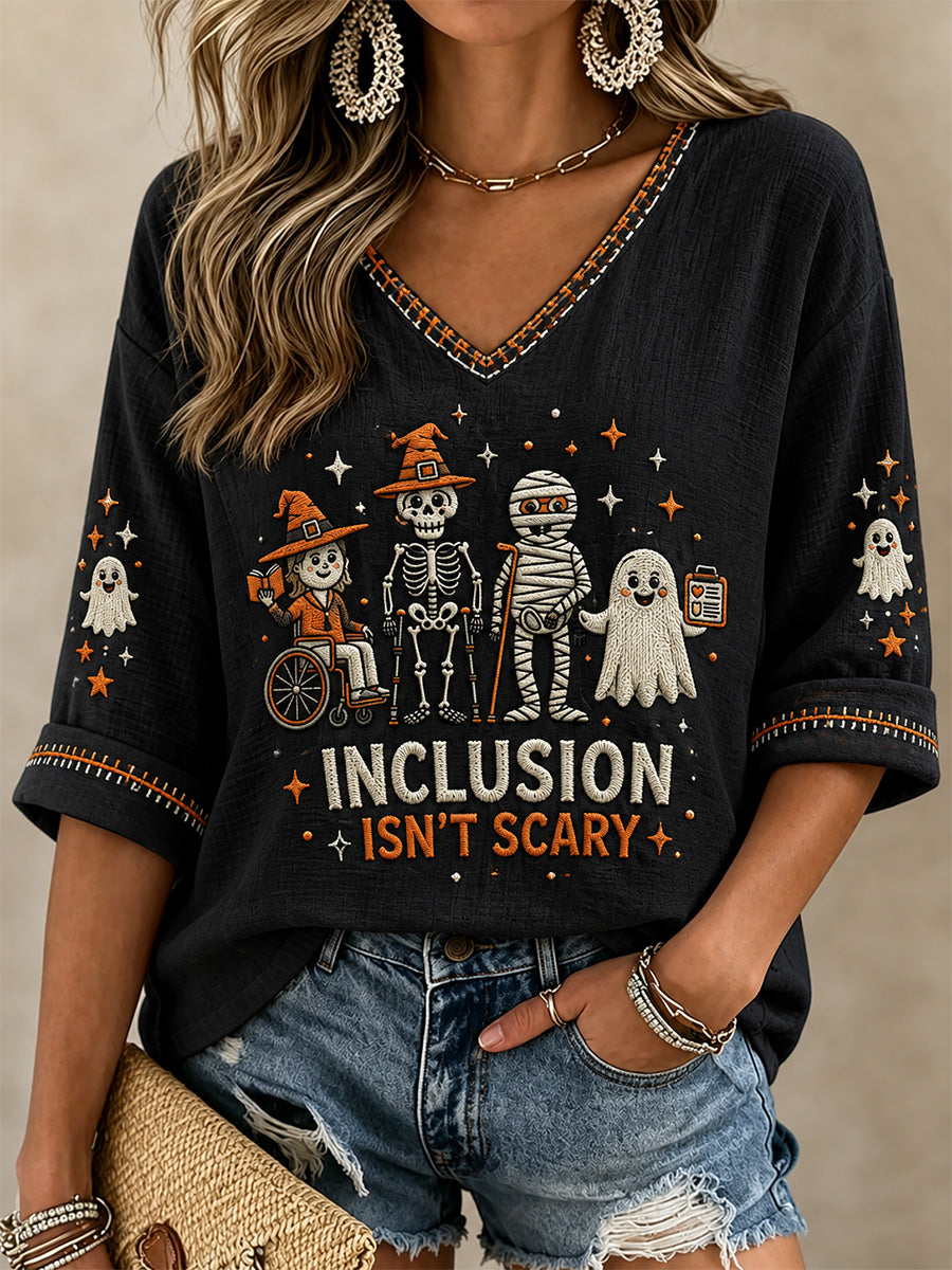 Women's Inclusion Isn't Scary Print V-Neck Tee