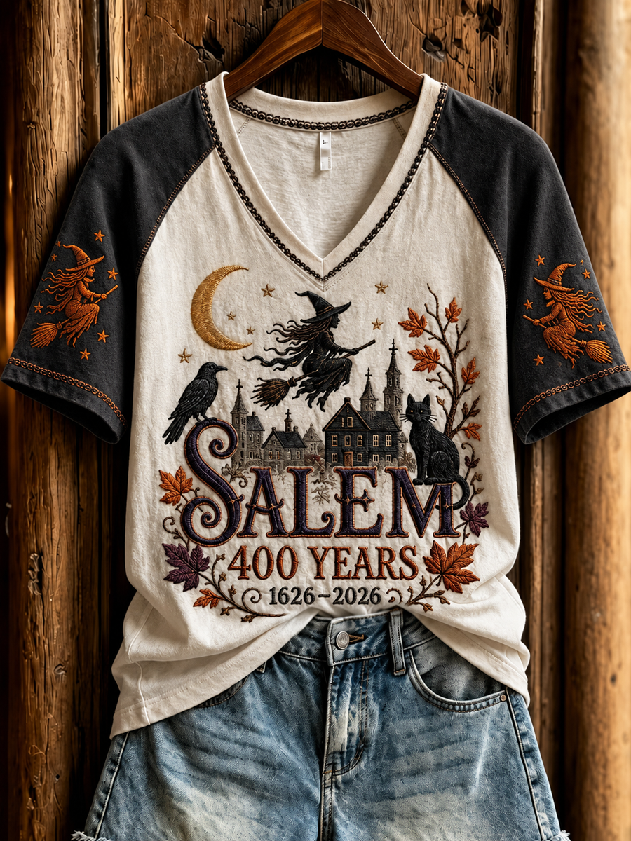 Women's Salem 400th Anniversary Witch Printed V-neck off-shoulder short-sleeved T-shirt