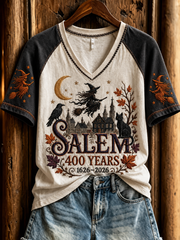 Women's Salem 400th Anniversary Witch Printed V-neck off-shoulder short-sleeved T-shirt