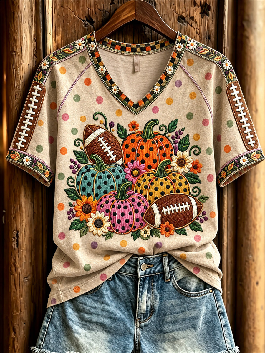 Women's Football & Halloween Pumpkins Floral Polka Dots Art Print short-sleeved T-shirt