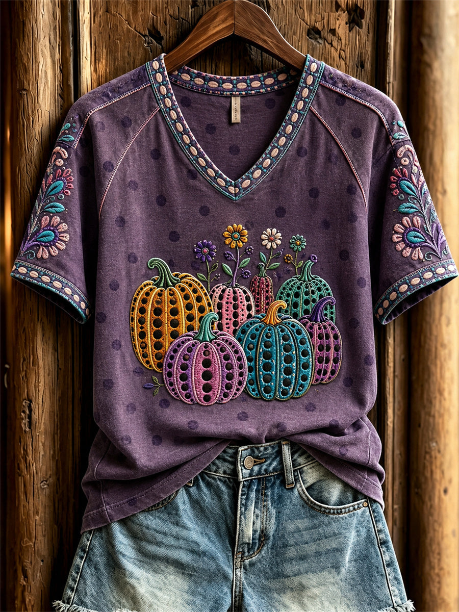 Women's Classic Fall Pumpkin Polka Dots Art Print short-sleeved T-shirt