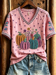 Women's Classic Fall Pumpkin Polka Dots Art Print short-sleeved T-shirt