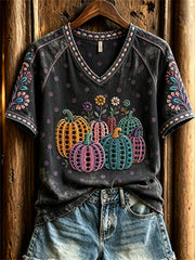 Women's Classic Fall Pumpkin Polka Dots Art Print short-sleeved T-shirt