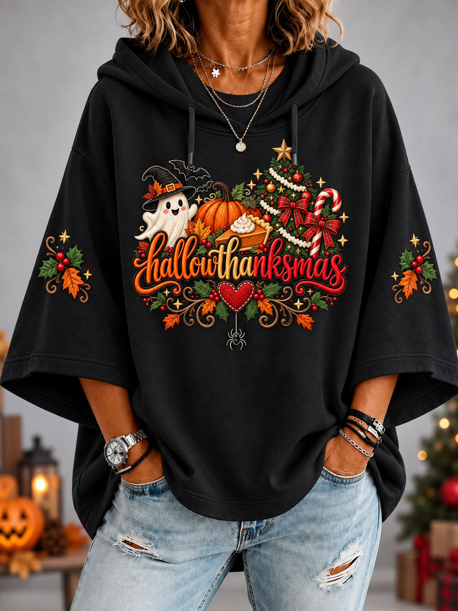 Women's Happy Hallothanksmas Print Halloween Thanksgiving Christmas 3/4 Sleeve Hoodie
