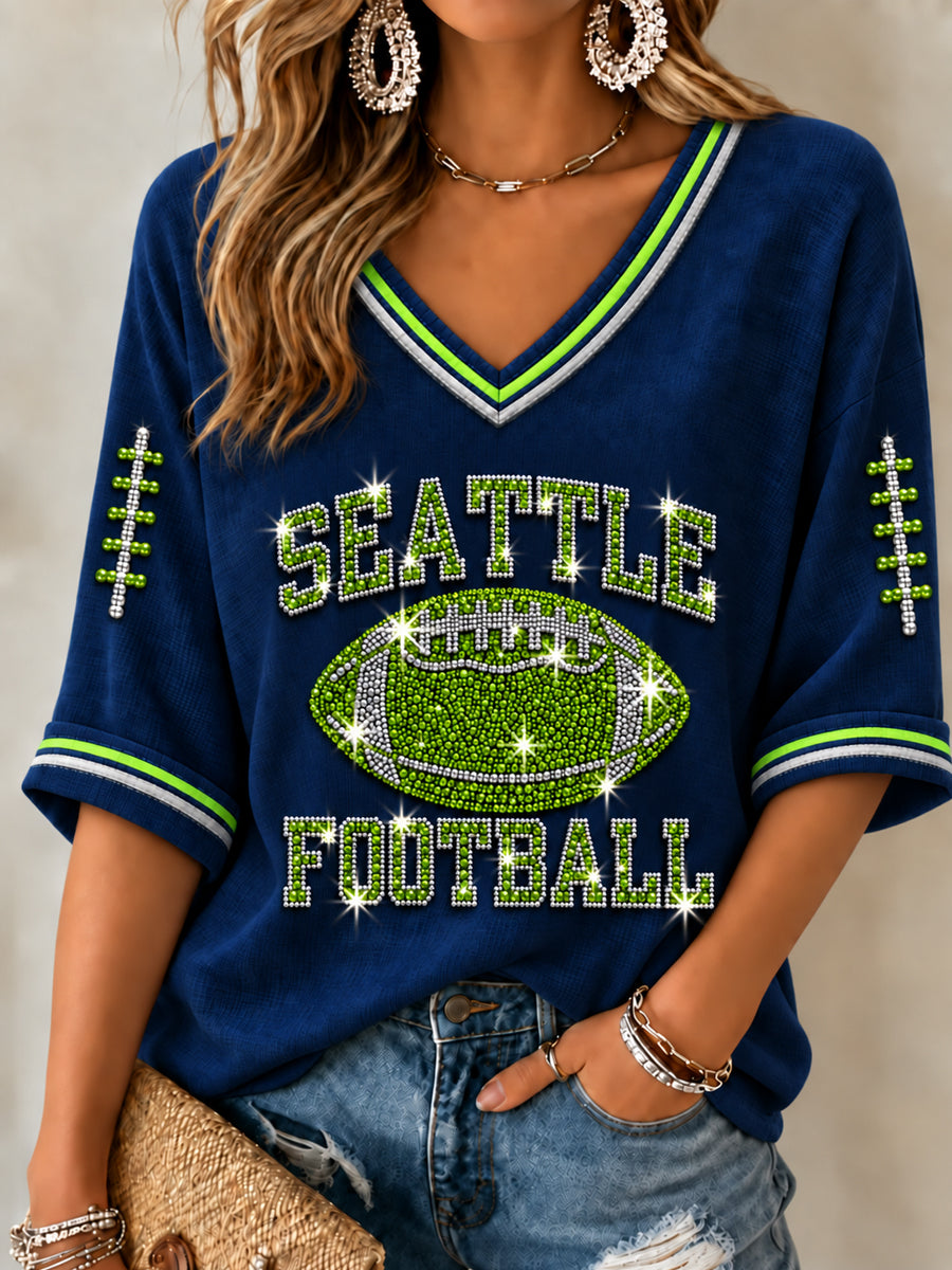 Women's Football Gameday Gift For Football Fans Mid-length Sleeves V-Neck T-Shirt