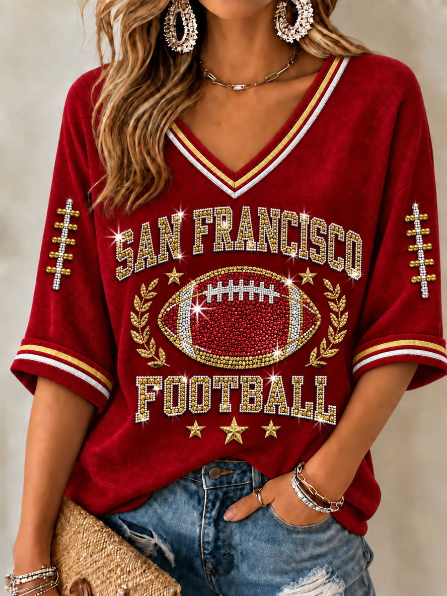 Women's Football Gameday Gift For Football Fans Mid-length Sleeves V-Neck T-Shirt