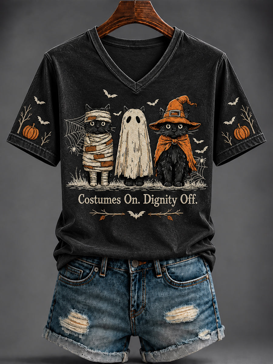 Women's Halloween Cute Cat Printed V-neck T-shirt
