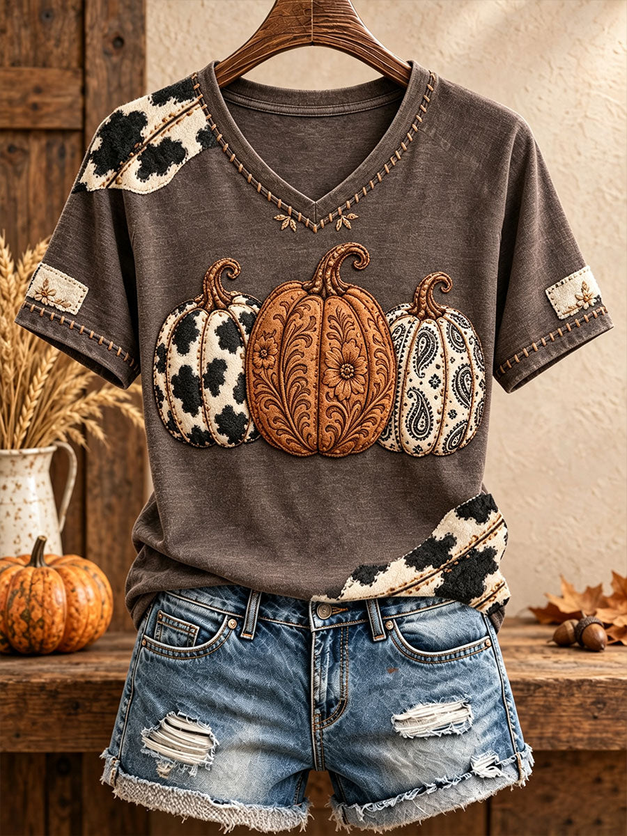 Women's Thanksgiving Pumpkin Art Thankful Printed T-shirt