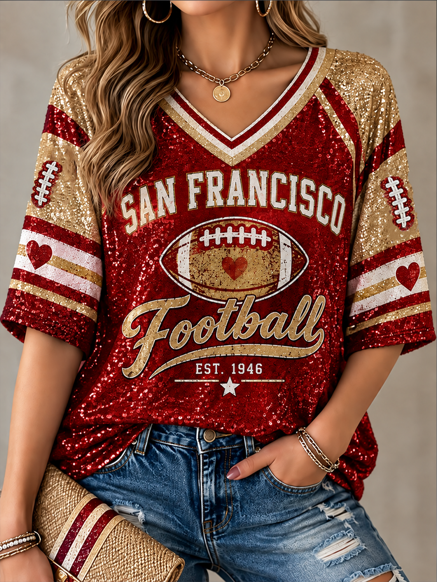 Women's Football Gameday Gift For Football Fans Mid-length Sleeves V-Neck T-Shirt