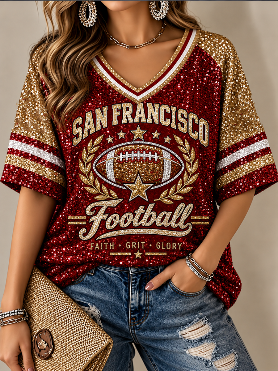 Women's Football Gameday Gift For Football Fans Mid-length Sleeves V-Neck T-Shirt