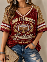 Women's Football Gameday Gift For Football Fans Mid-length Sleeves V-Neck T-Shirt