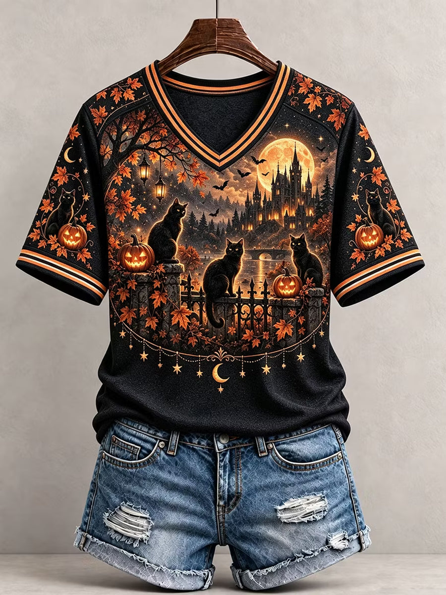 Women's Halloween Black Cat Pumpkin Short Sleeve T-shirt