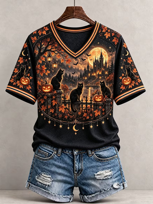 Women's Halloween Black Cat Pumpkin Short Sleeve T-shirt