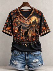 Women's Halloween Black Cat Pumpkin Short Sleeve T-shirt