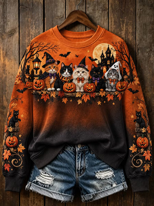 Women's Funny Halloween Witch Cat Pumpkin Art Print Casual Sweatshirt