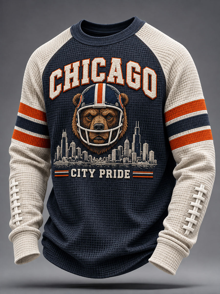Men's Chicago Football Lover Bear Art Printed Waffle Sweatshirt