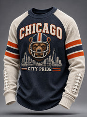 Men's Chicago Football Lover Bear Art Printed Waffle Sweatshirt