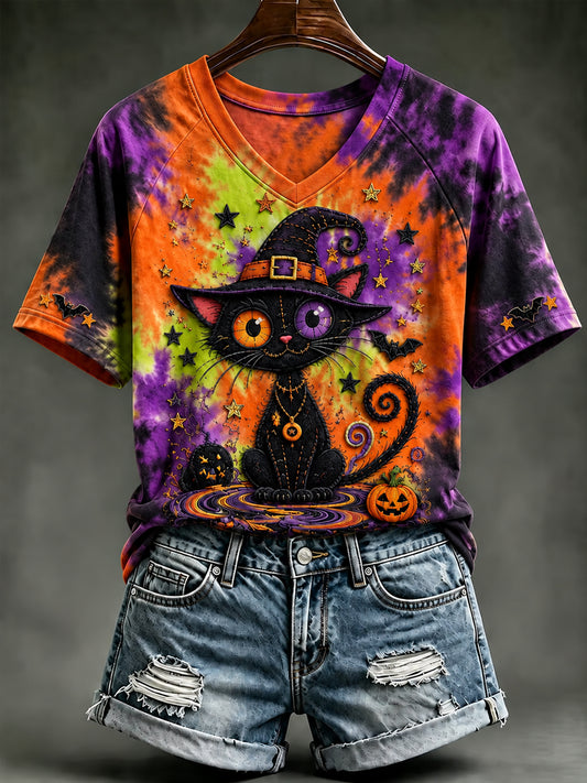 Women's Halloween Cat Art V-neck Off-Shoulder Short-Sleeved T-shirt