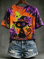 Women's Halloween Cat Art V-neck Off-Shoulder Short-Sleeved T-shirt