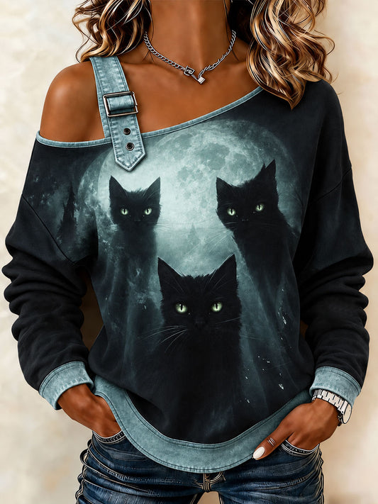 Women's Halloween Cat Art Off-Shoulder Sweatshirt