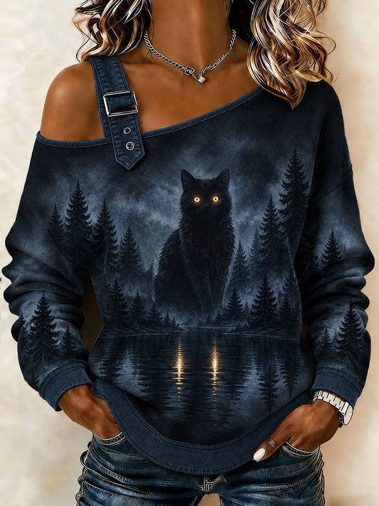 Women's Halloween Cat Art Off-Shoulder Sweatshirt
