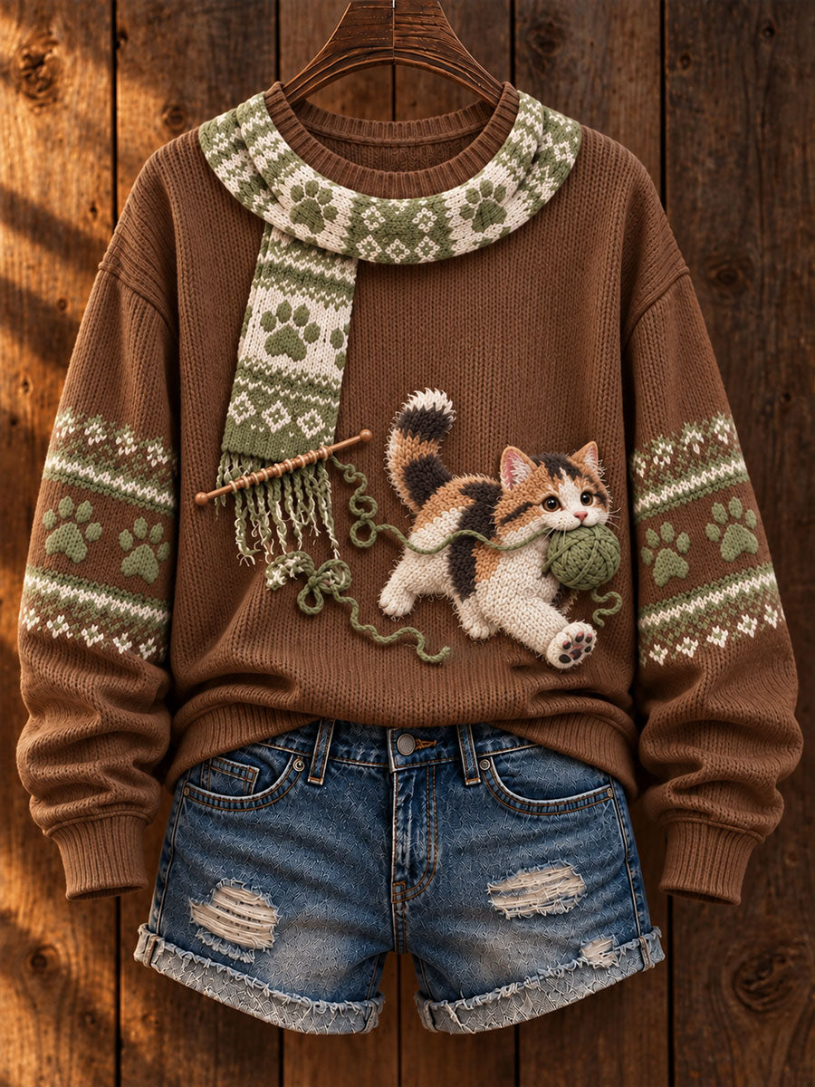 Women's "Mischievous Kitty" Calico Cat Art Print Casual Sweater