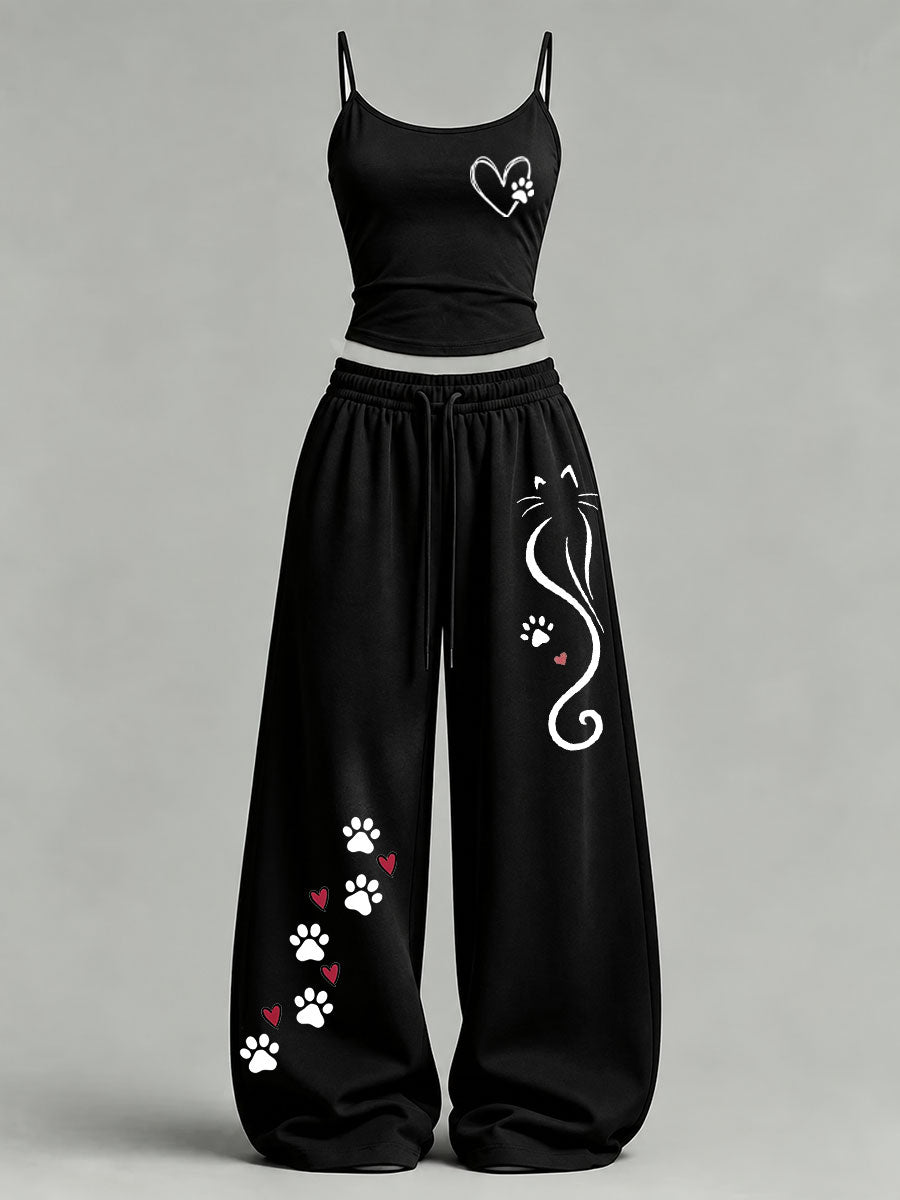 Women's Cute Cat Print Casual Set