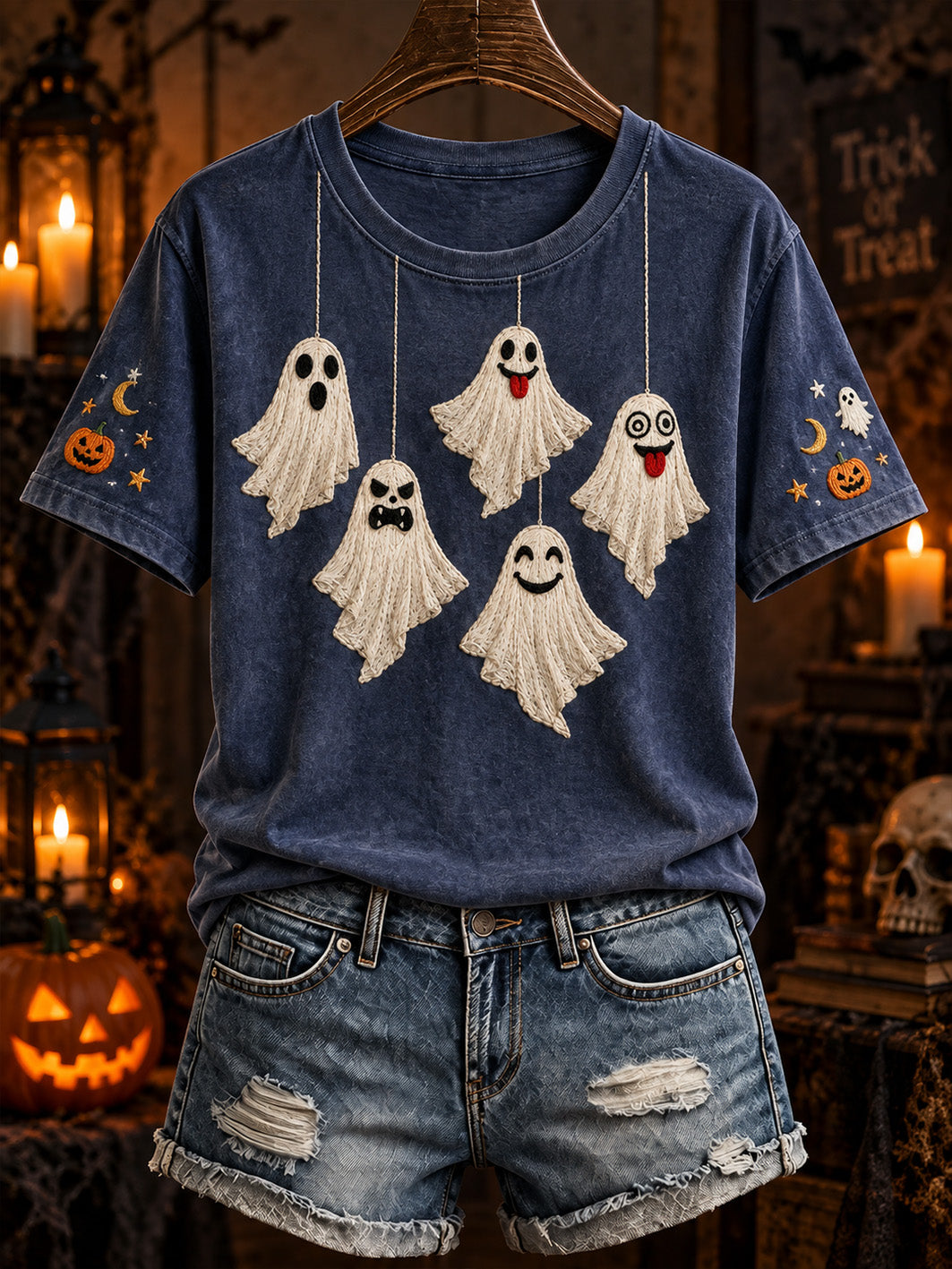 Women's Halloween ghost pattern print casual short-sleeve T-shirt.