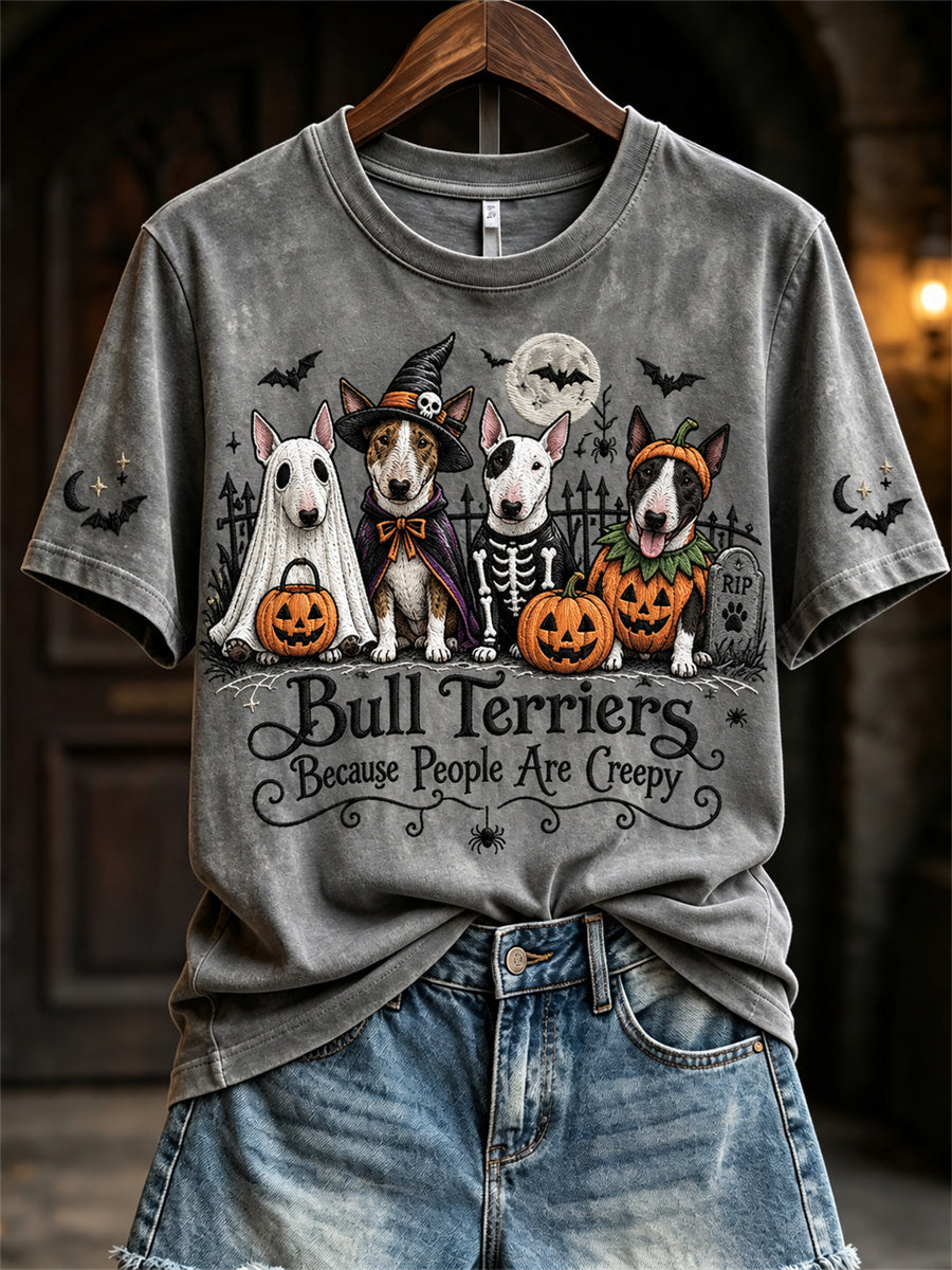 Women's Bull Terriers Because People Are Creepy Halloween Dogs Print short-sleeved T-shirt