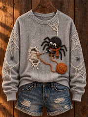Women's Halloween "Spider Mending Clothes" Art Print Casual Sweater