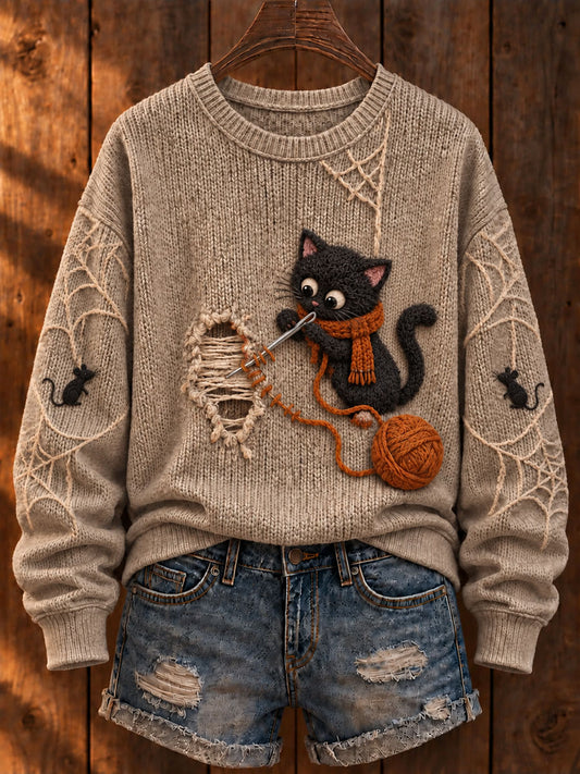 Women's Halloween "Cat Mending Clothes" Art Print Casual Sweater