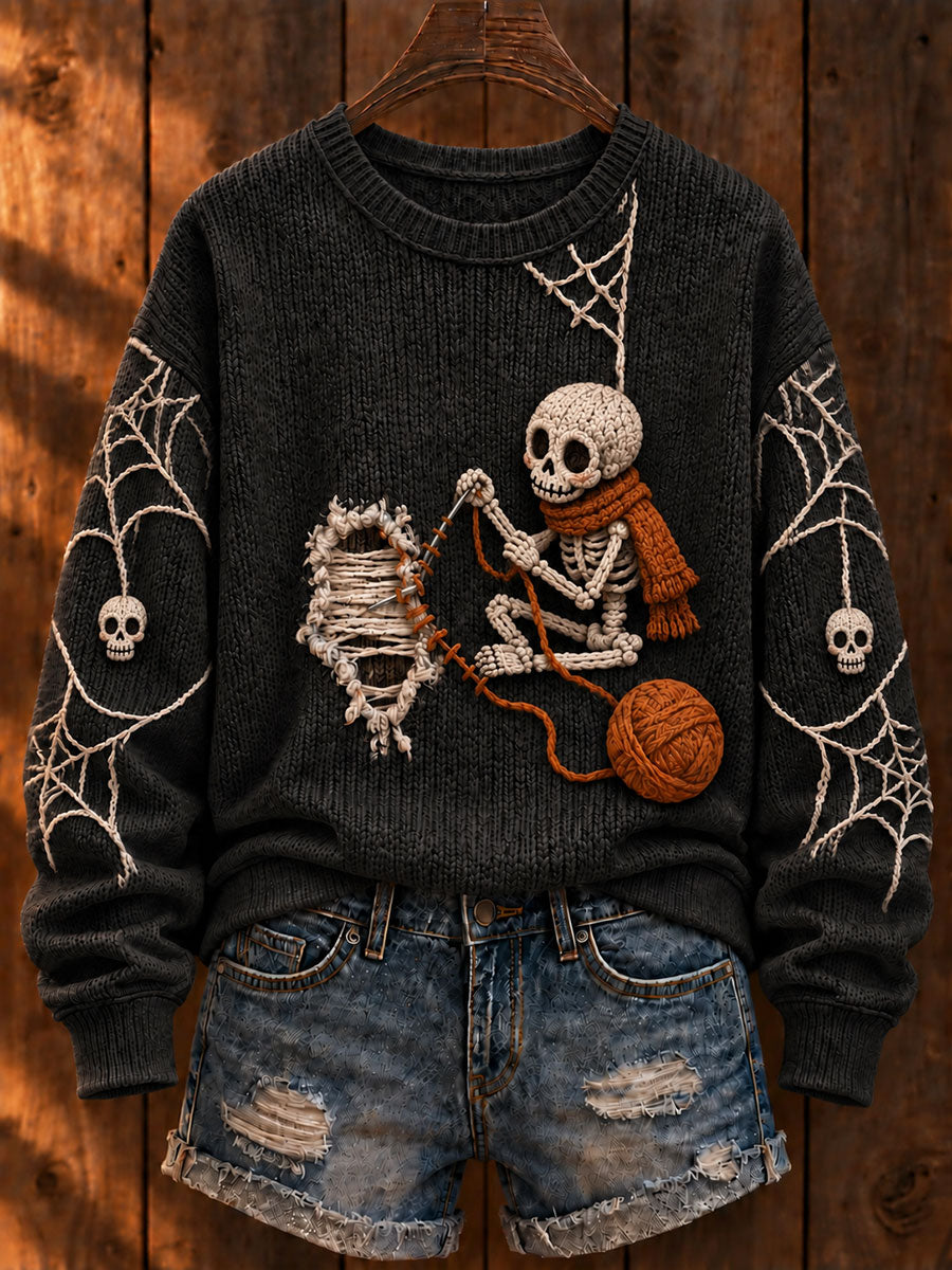 Women's Halloween "Skull Mending Clothes" Art Print Casual Sweater