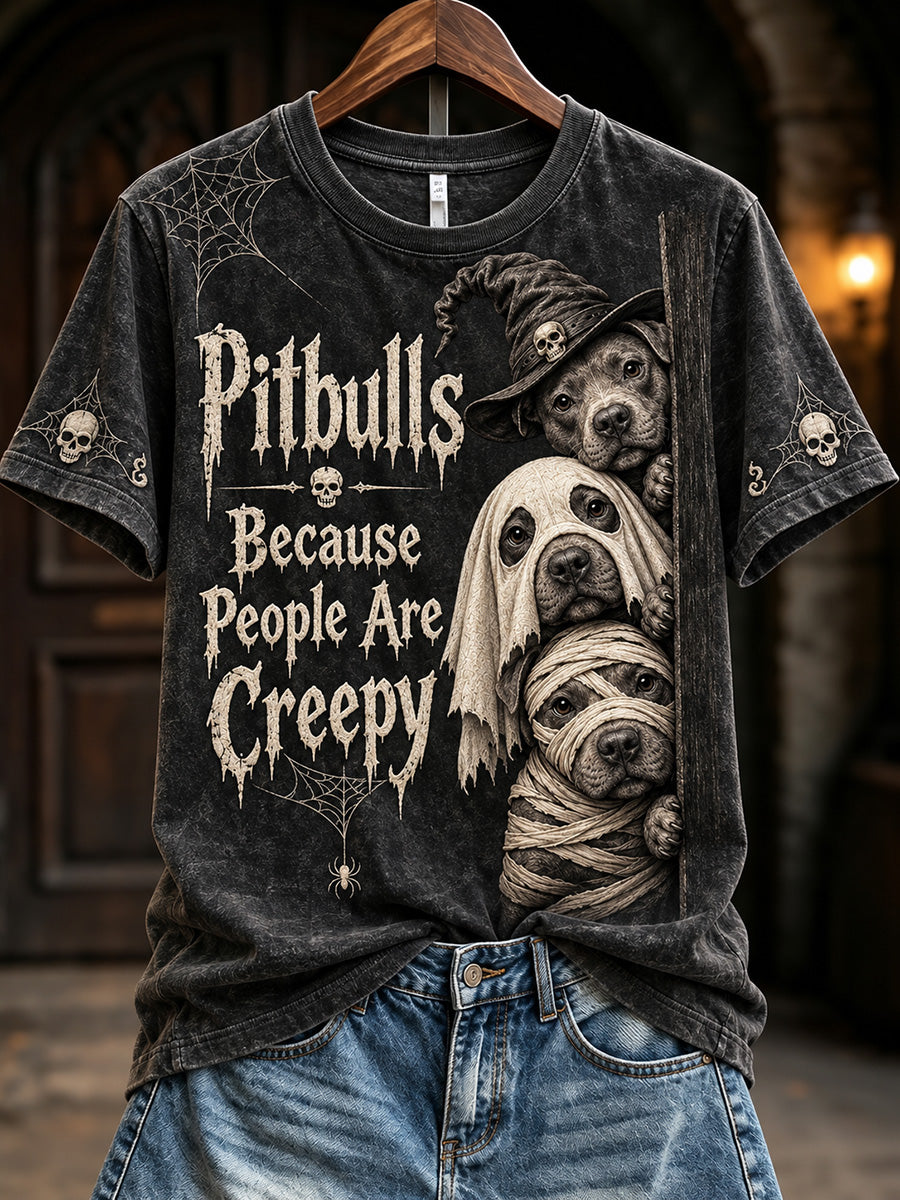 Women's Pitbulls Because People Are Creepy Halloween Print Short-sleeved T-shirt