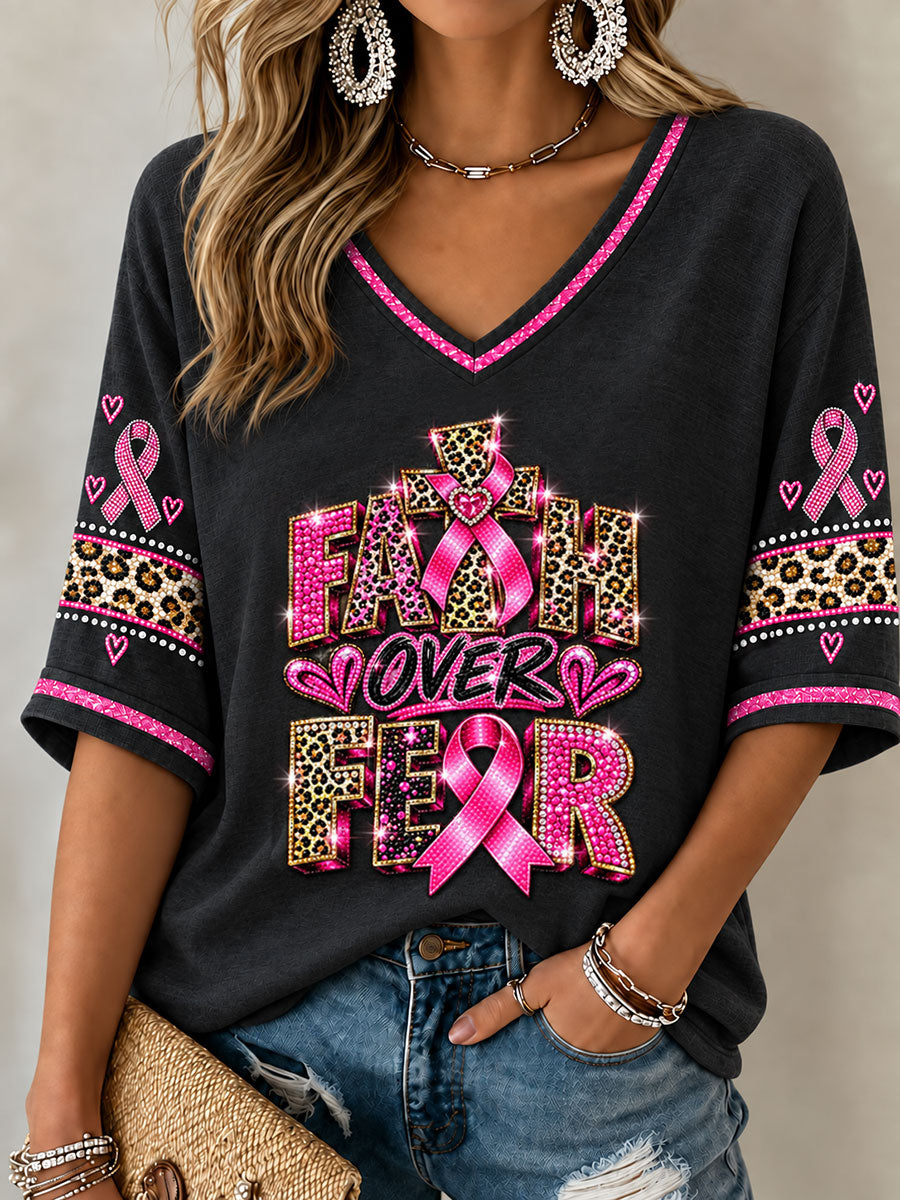 Women's Breast Cancer Pink Ribbon Faith Mid-length Sleeves V-Neck T-Shirt