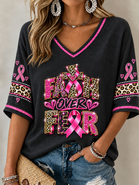 Women's Breast Cancer Pink Ribbon Faith Mid-length Sleeves V-Neck T-Shirt