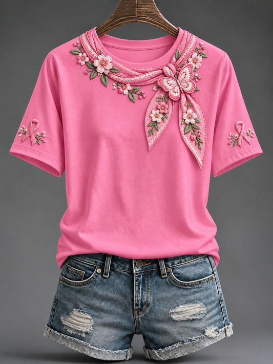 Women's Pink Ribbon Floral Art Print T-shirt