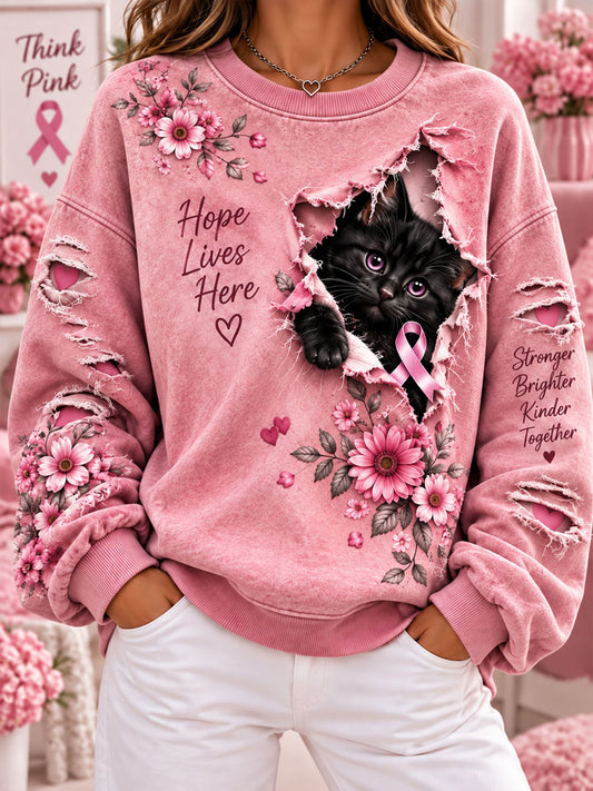 Women's Breast Cancer Awareness Cat Print Casual Sweatshirt